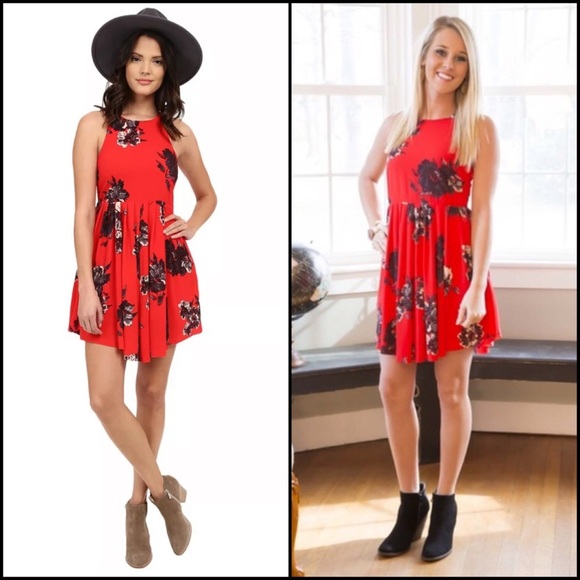 Free People Red Floral Pleated High Neck Mini Dress w/Pockets - Picture 3 of 7